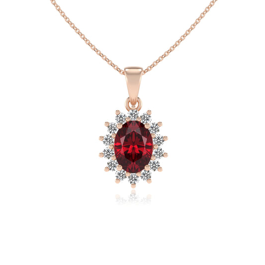 lab grown ruby oval halo necklaces in rose gold 