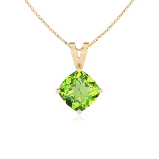 natural peridot cushion solitaire v-bale necklaces in yellow gold 
