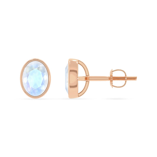 natural rainbow moonstone oval stud earrings in rose gold 