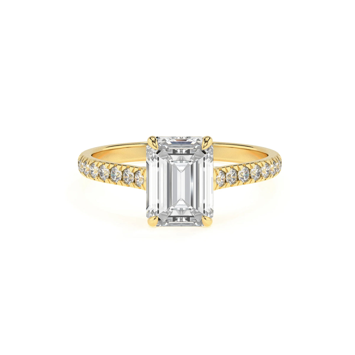 lab grown moissanite emerald cut half eternity solitaire engagement rings in yellow gold 