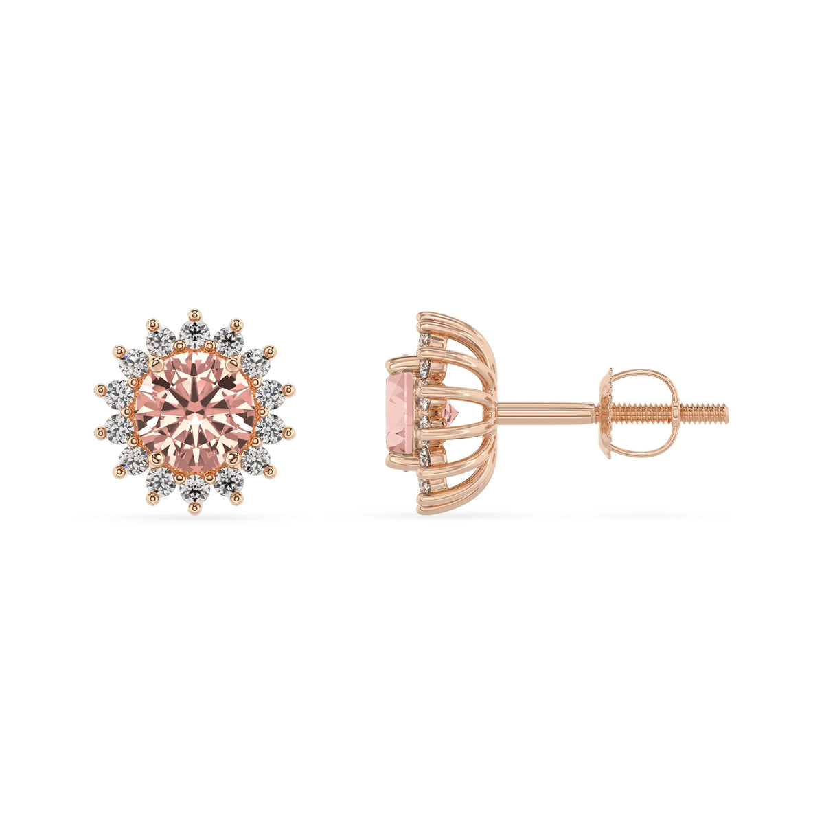 lab grown morganite round stud earrings in rose gold 
