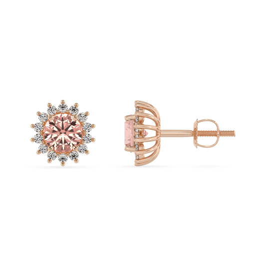 lab grown morganite round stud earrings in rose gold 