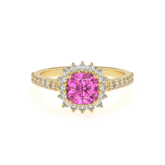 lab grown pink-sapphire cushion solitaire rings in yellow gold 