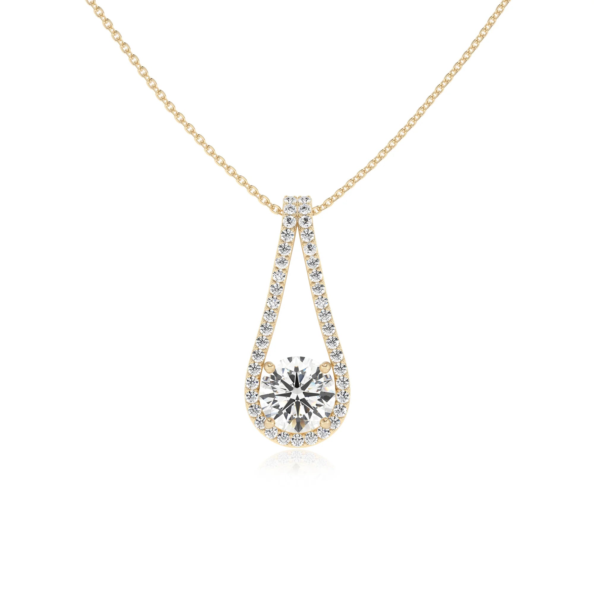 lab grown moissanite round solitaire v-bale necklaces in yellow gold 