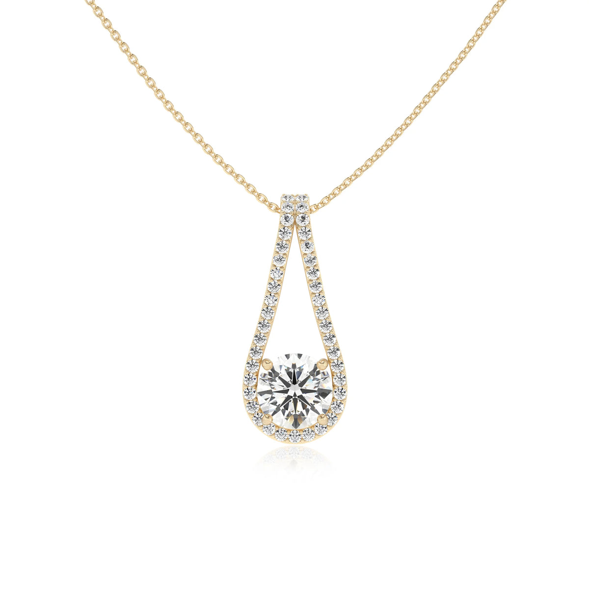 lab grown moissanite round solitaire v-bale necklaces in yellow gold 