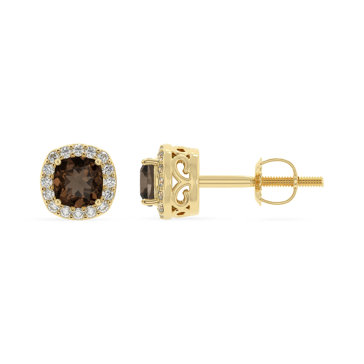 natural smoky quartz cushion stud earrings in yellow gold 