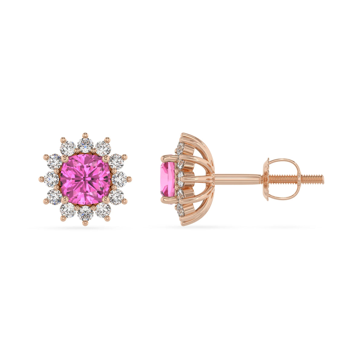 lab grown pink sapphire cushion stud earrings in rose gold 
