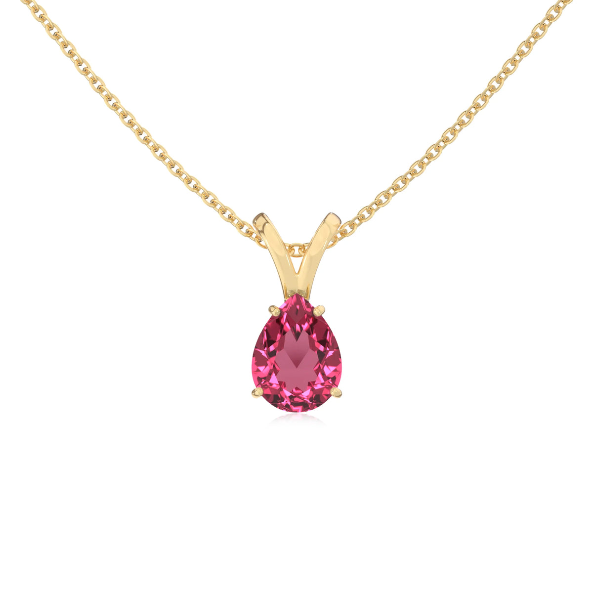 lab grown pink-tourmaline pear solitaire v-bale necklaces in yellow gold 