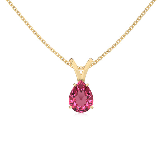 lab grown pink-tourmaline pear solitaire v-bale necklaces in yellow gold 