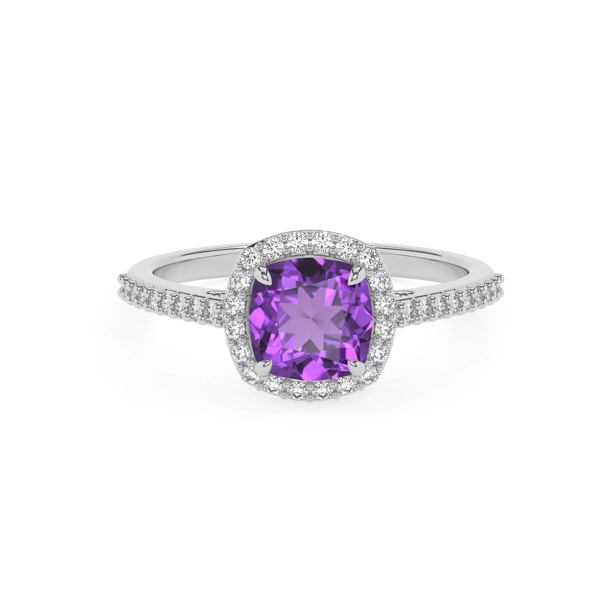 lab grown amethyst cushion solitaire rings in white gold 