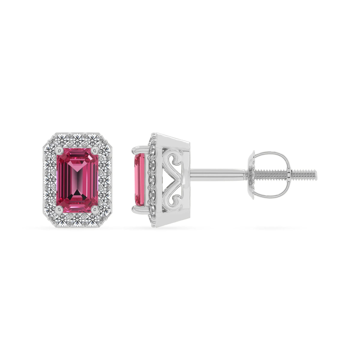 lab grown pink tourmaline emerald cut stud earrings in sterling silver 