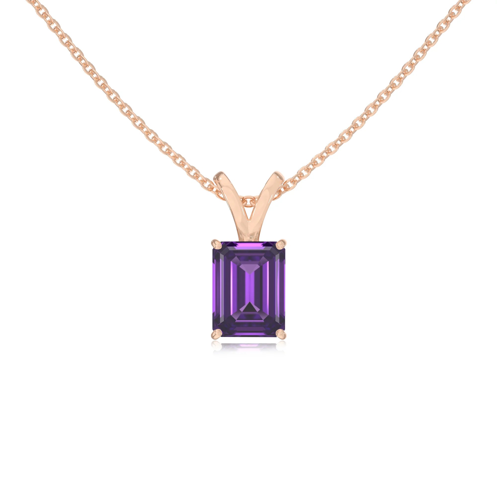 lab grown amethyst emerald cut solitaire v-bale necklaces in rose gold 