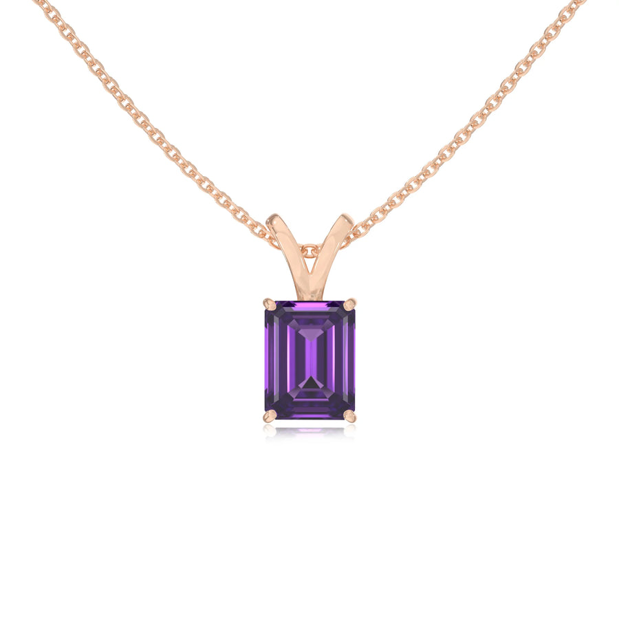 lab grown amethyst emerald cut solitaire v-bale necklaces in rose gold 