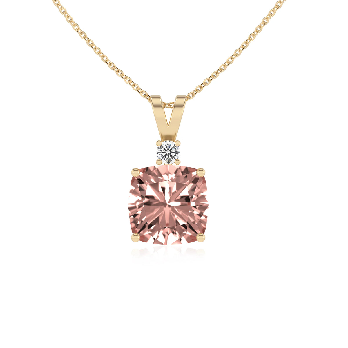 lab grown morganite cushion solitaire v-bale necklaces in yellow gold 