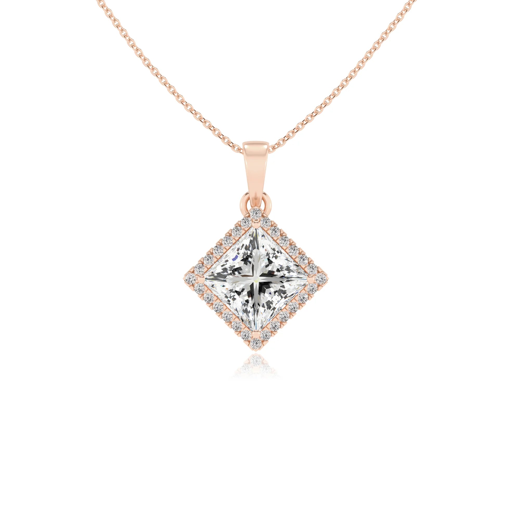 lab grown moissanite princess solitaire necklaces in rose gold 