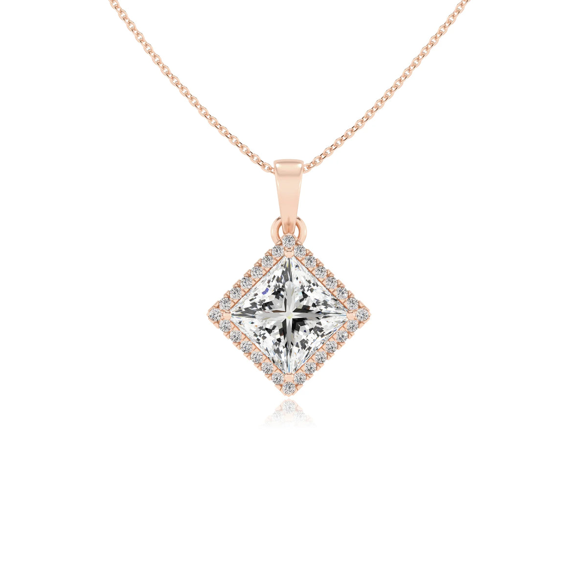 lab grown moissanite princess solitaire necklaces in rose gold 