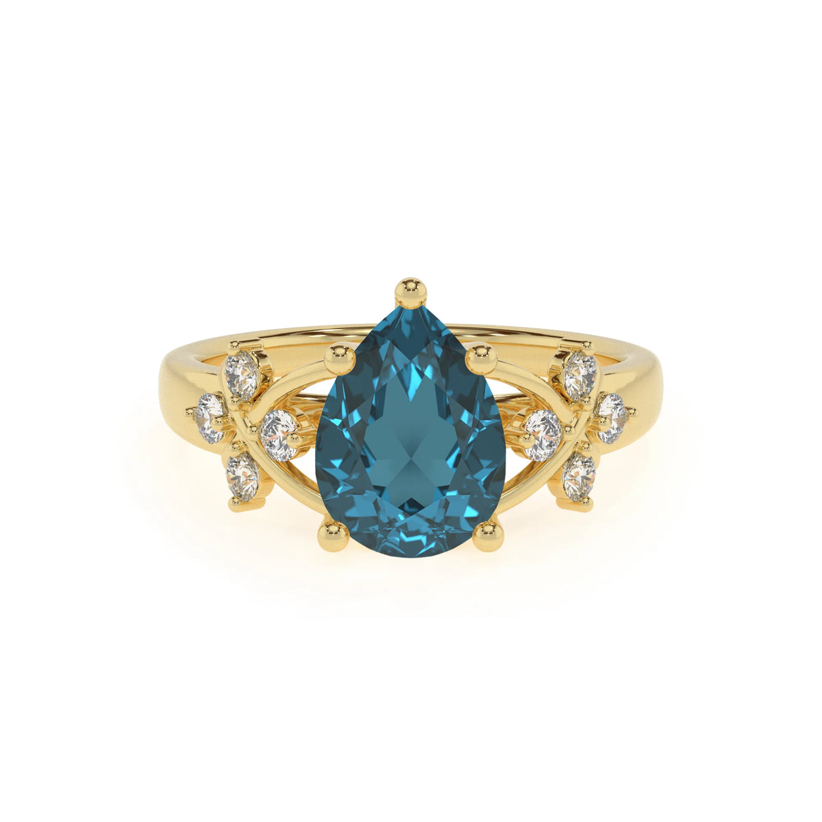 natural london-blue-topaz pear solitaire rings in yellow gold 