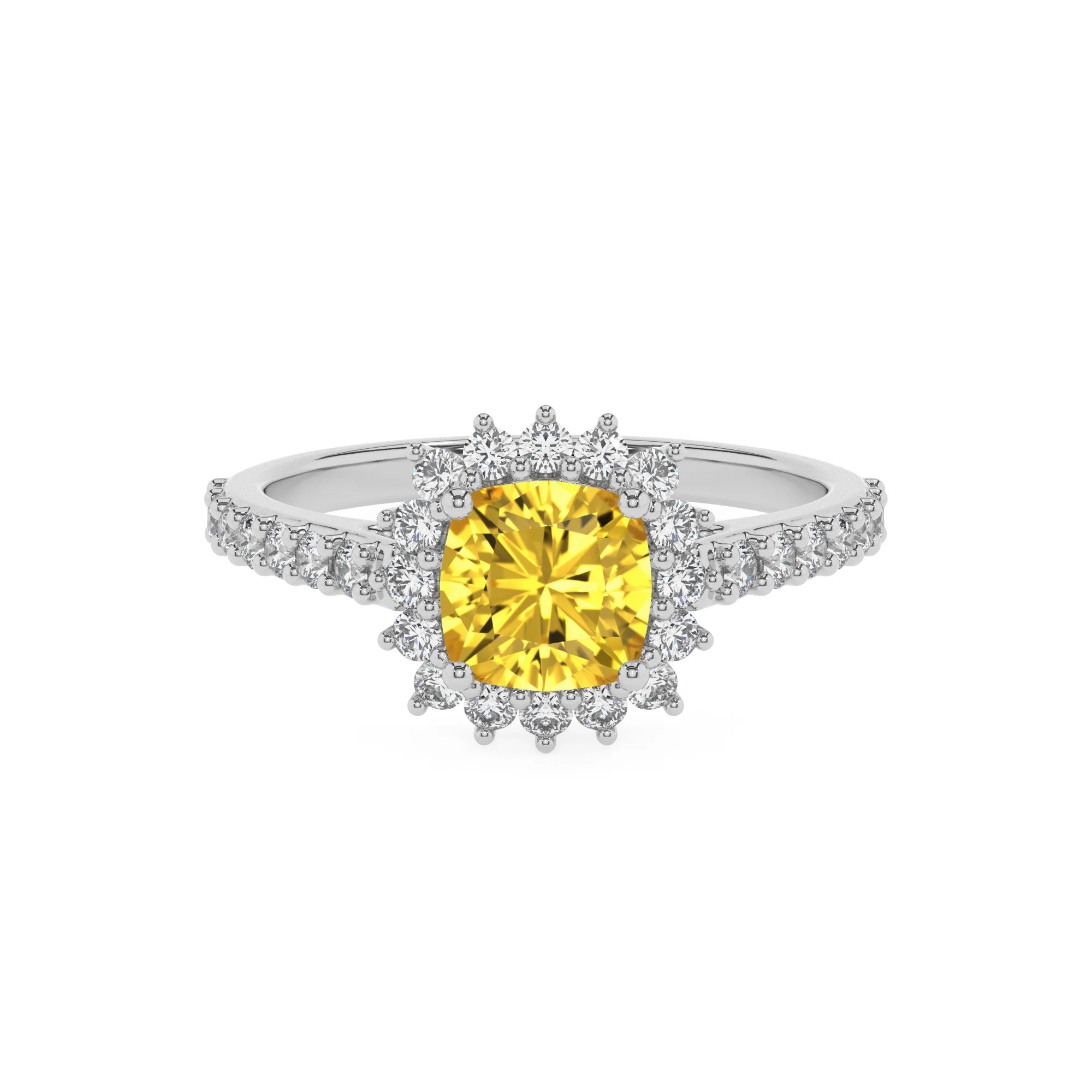 lab grown yellow-sapphire cushion solitaire rings in platinum 