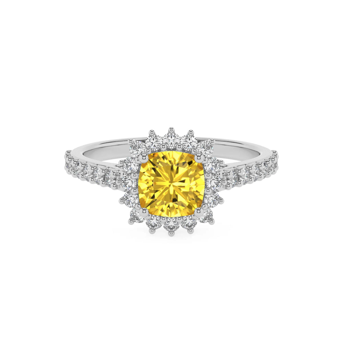 lab grown yellow-sapphire cushion solitaire rings in platinum 
