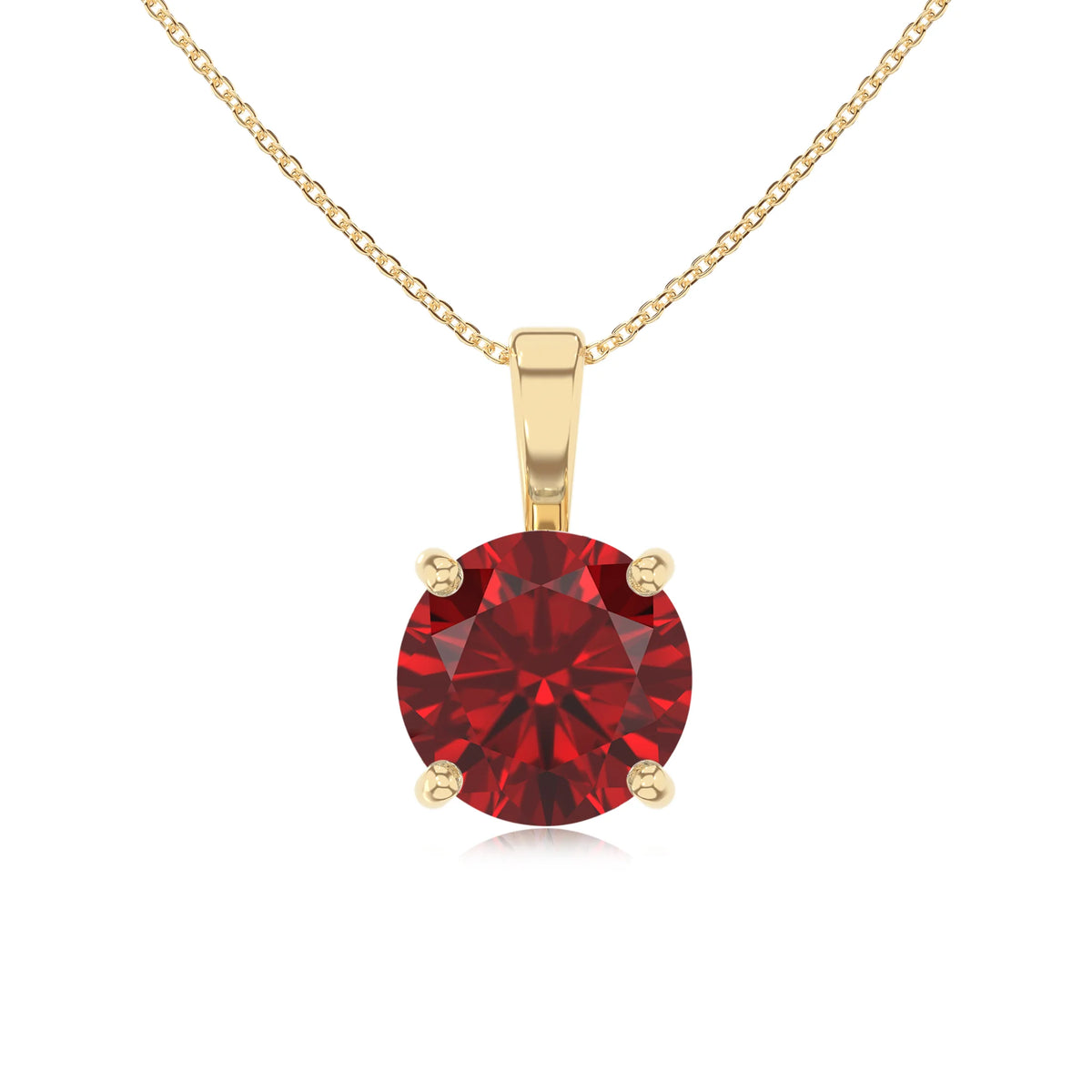 lab grown ruby round solitaire necklaces in yellow gold 