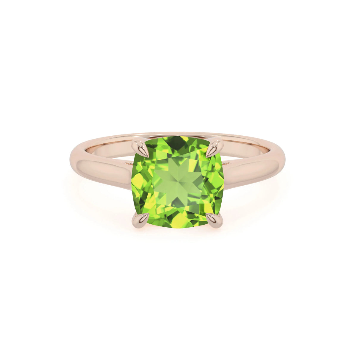 natural peridot cushion solitaire rings in rose gold 
