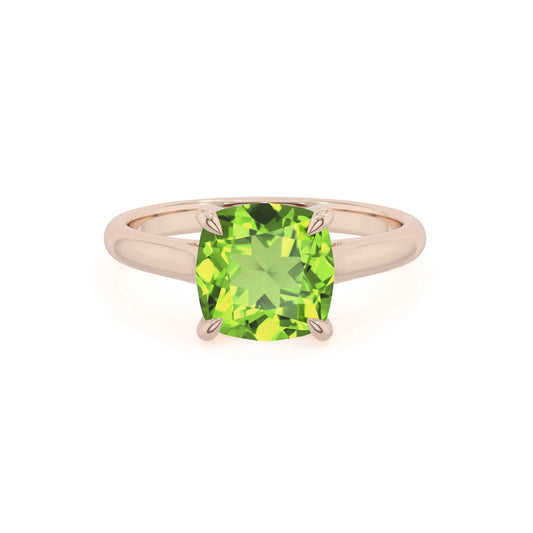 natural peridot cushion solitaire rings in rose gold 