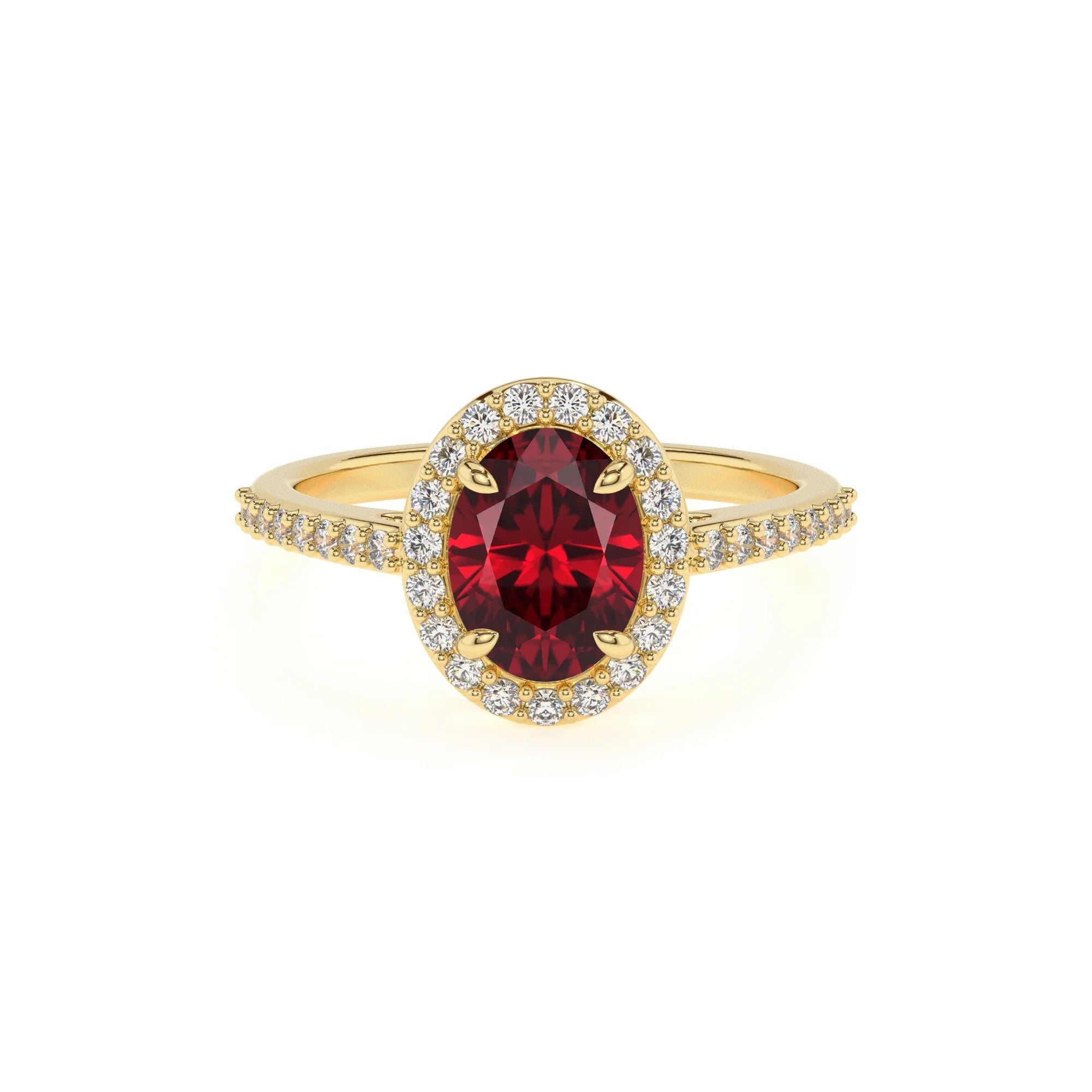 lab grown ruby oval solitaire rings in yellow gold 