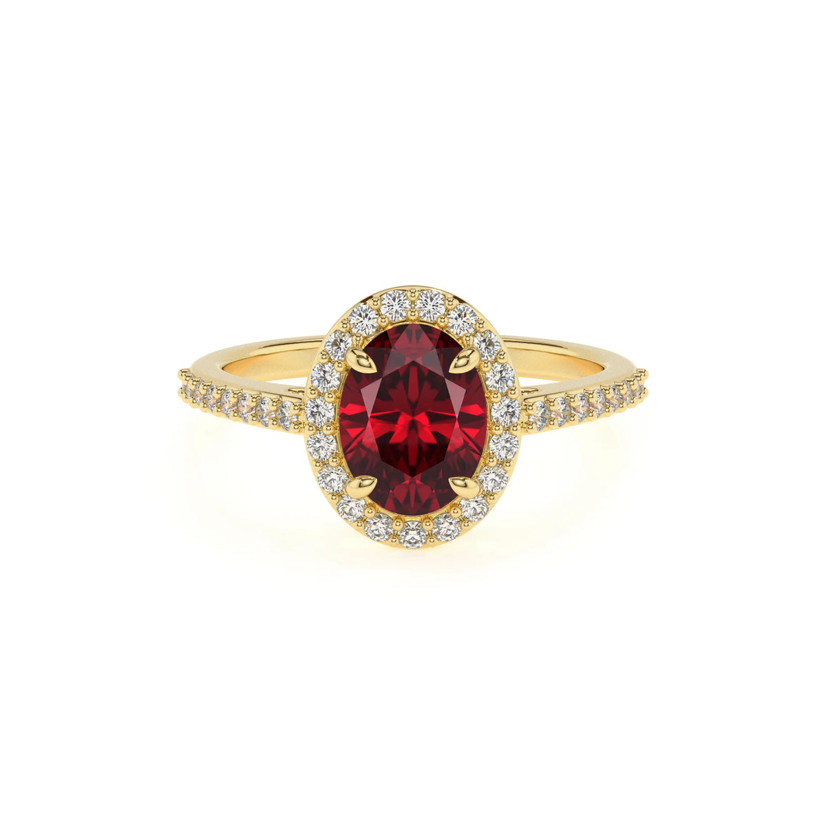 lab grown ruby oval solitaire rings in yellow gold 