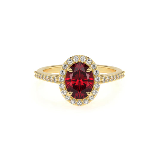 lab grown ruby oval solitaire rings in yellow gold 