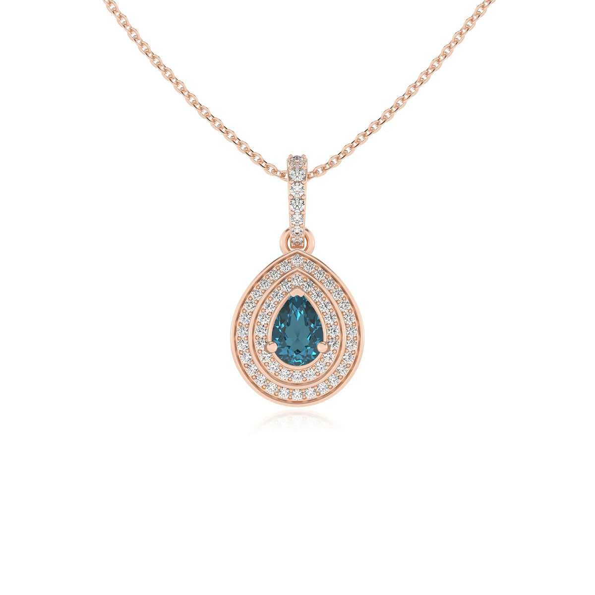 natural london-blue-topaz pear halo necklaces in rose gold 