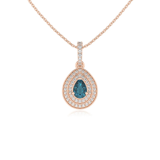 natural london-blue-topaz pear halo necklaces in rose gold 