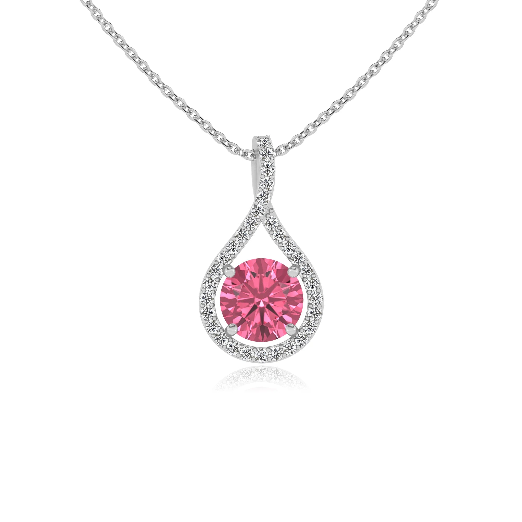 lab grown pink-tourmaline round solitaire necklaces in white gold 