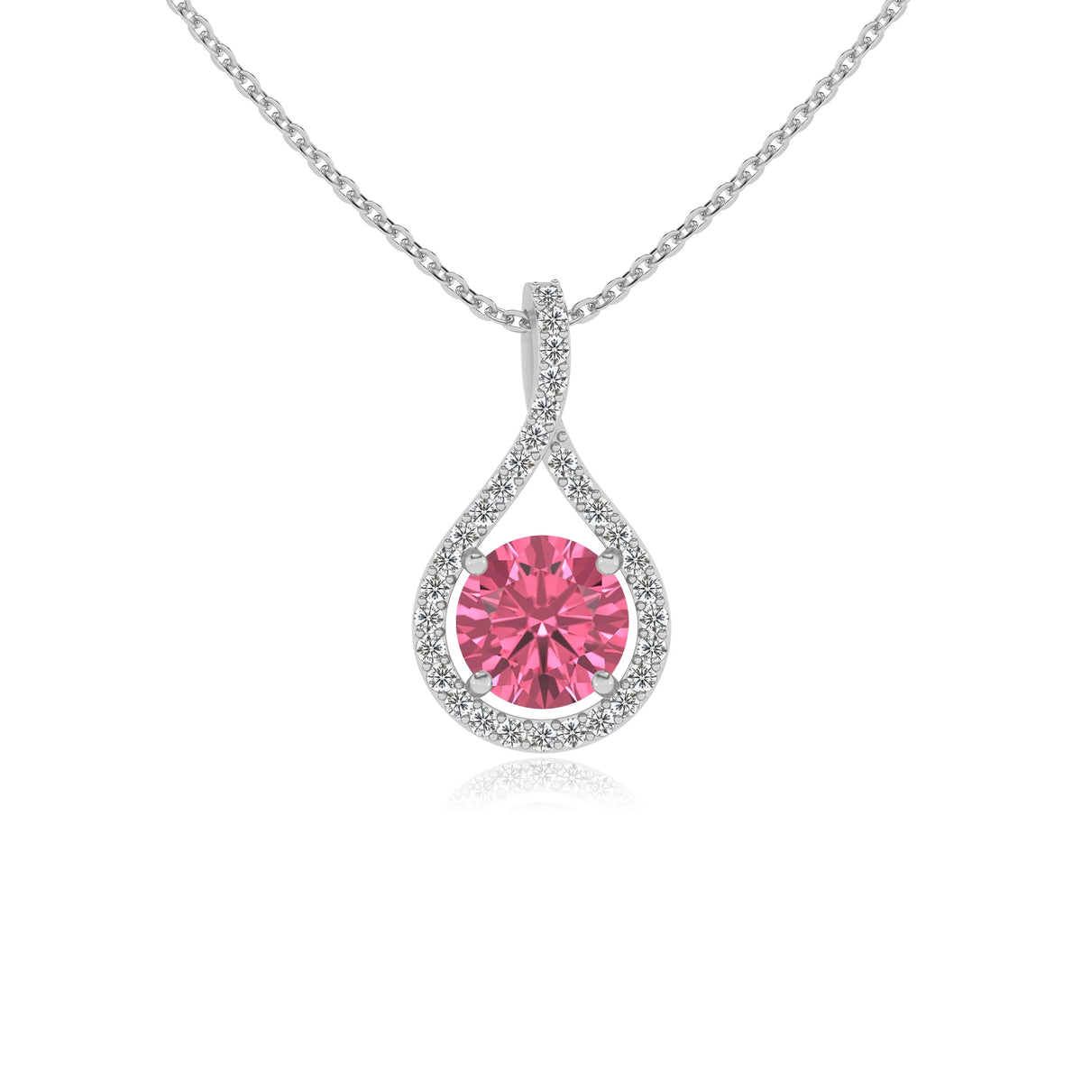 lab grown pink-tourmaline round solitaire necklaces in white gold 