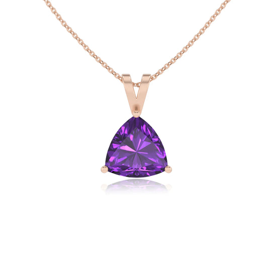 lab grown amethyst trillion solitaire v-bale necklaces in rose gold 