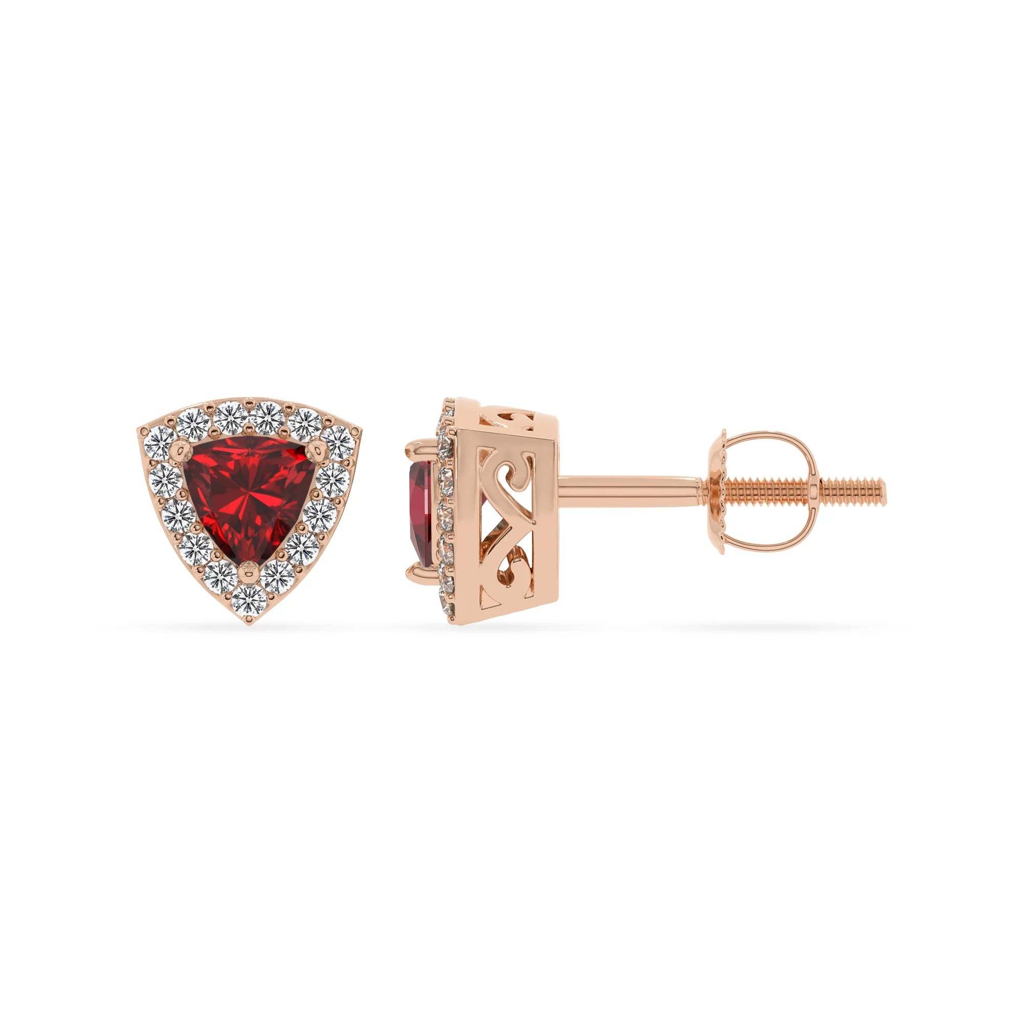 lab grown ruby trillion stud earrings in rose gold 