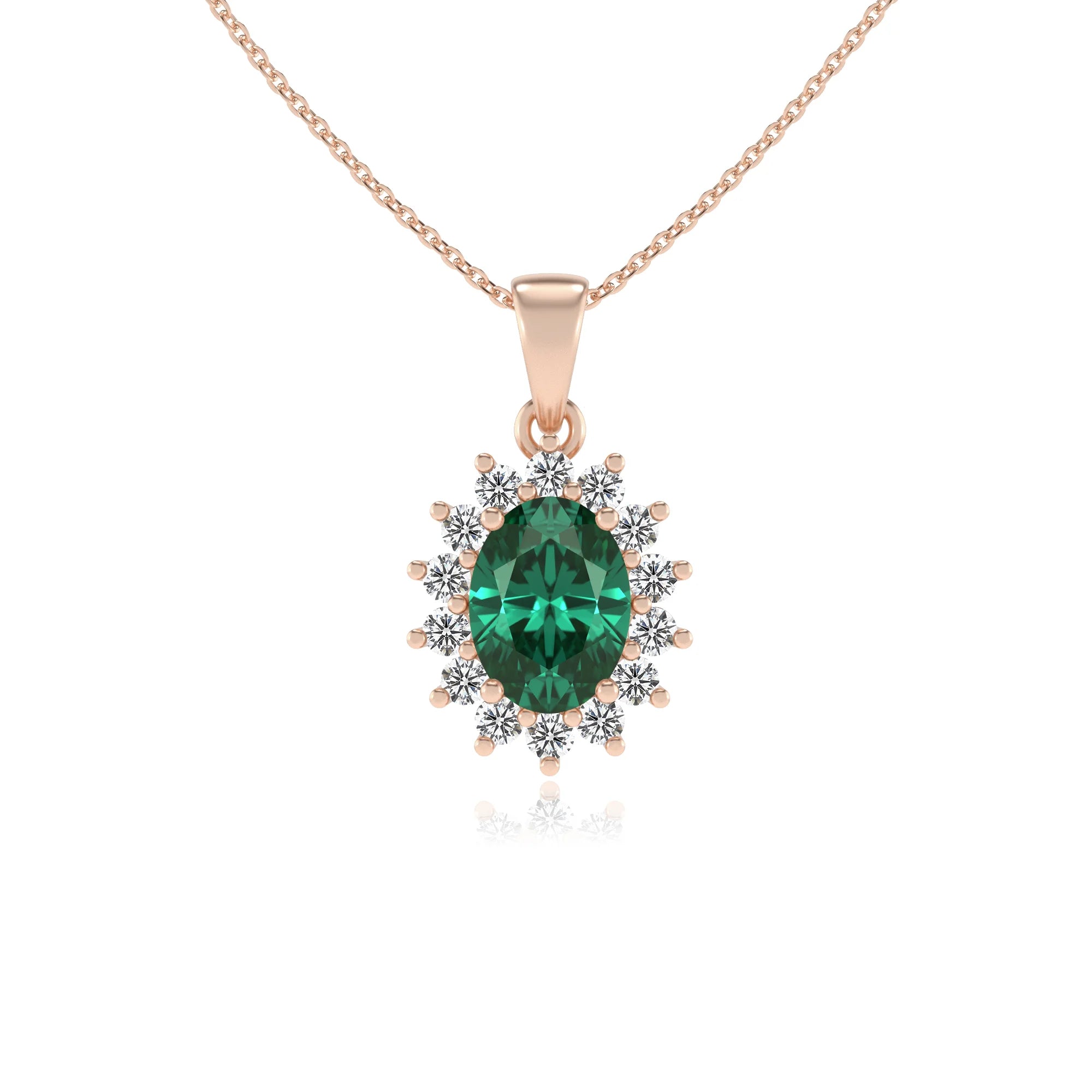 lab grown emerald oval halo necklaces in rose gold 