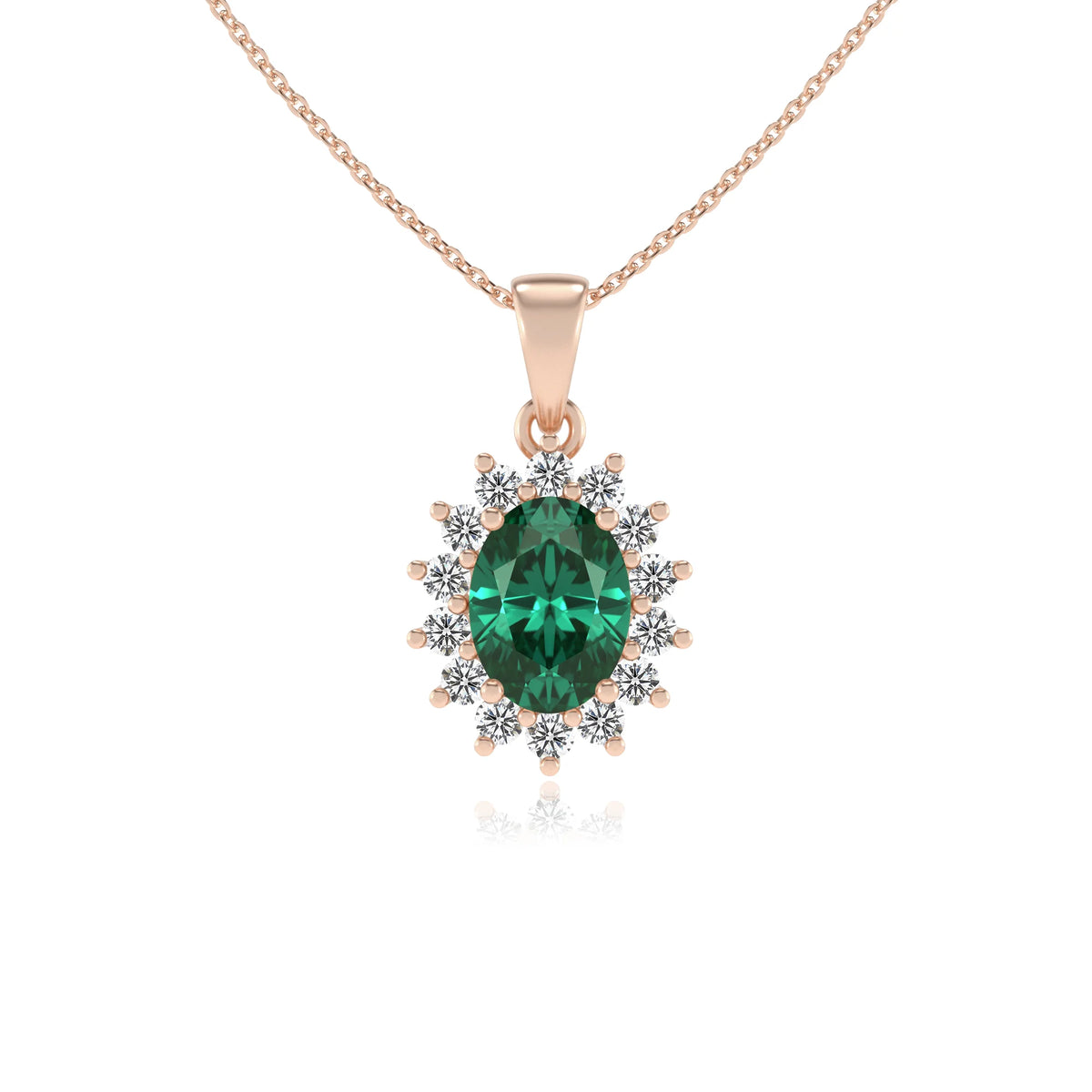 lab grown emerald oval halo necklaces in rose gold 