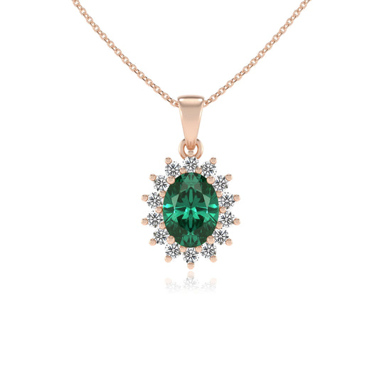 lab grown emerald oval halo necklaces in rose gold 