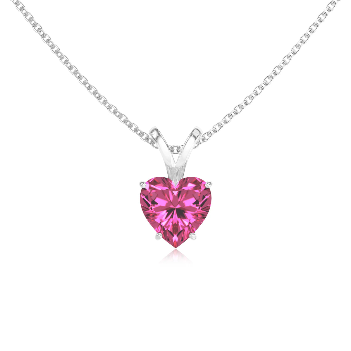 lab grown pink-sapphire heart solitaire v-bale necklaces in sterling silver 