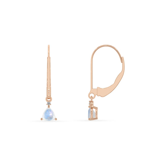 natural rainbow moonstone trillion drop earrings in rose gold 