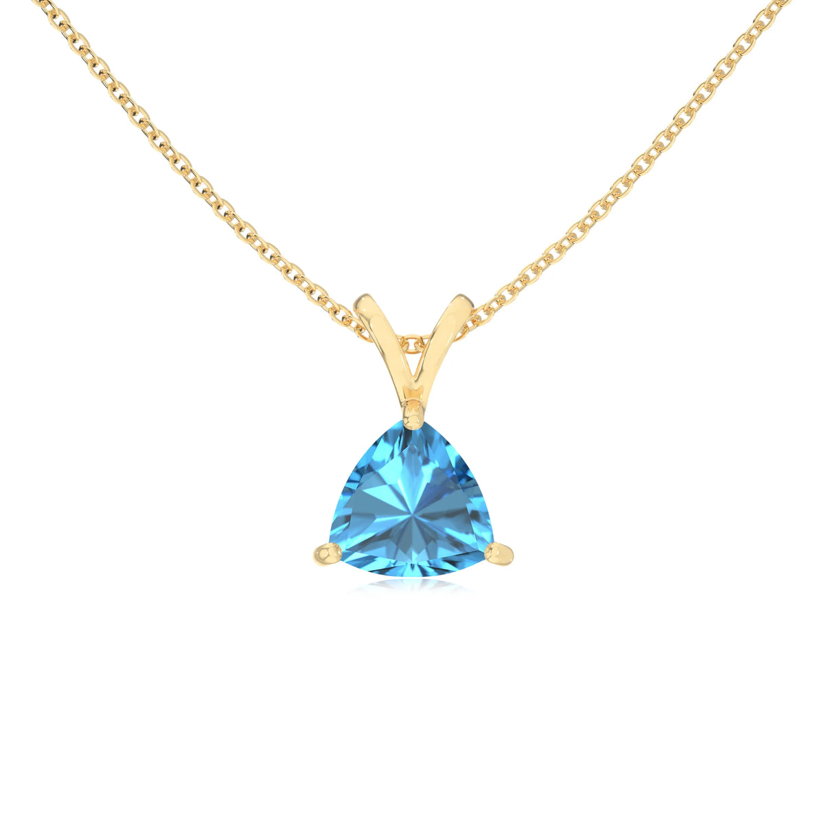 natural swiss-blue-topaz trillion solitaire v-bale necklaces in yellow gold 