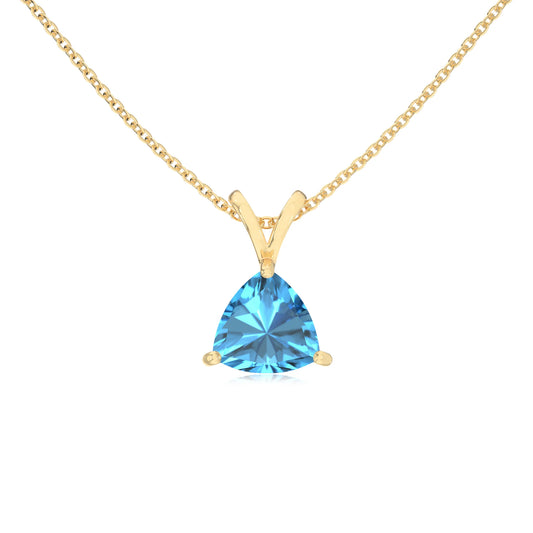 natural swiss-blue-topaz trillion solitaire v-bale necklaces in yellow gold 