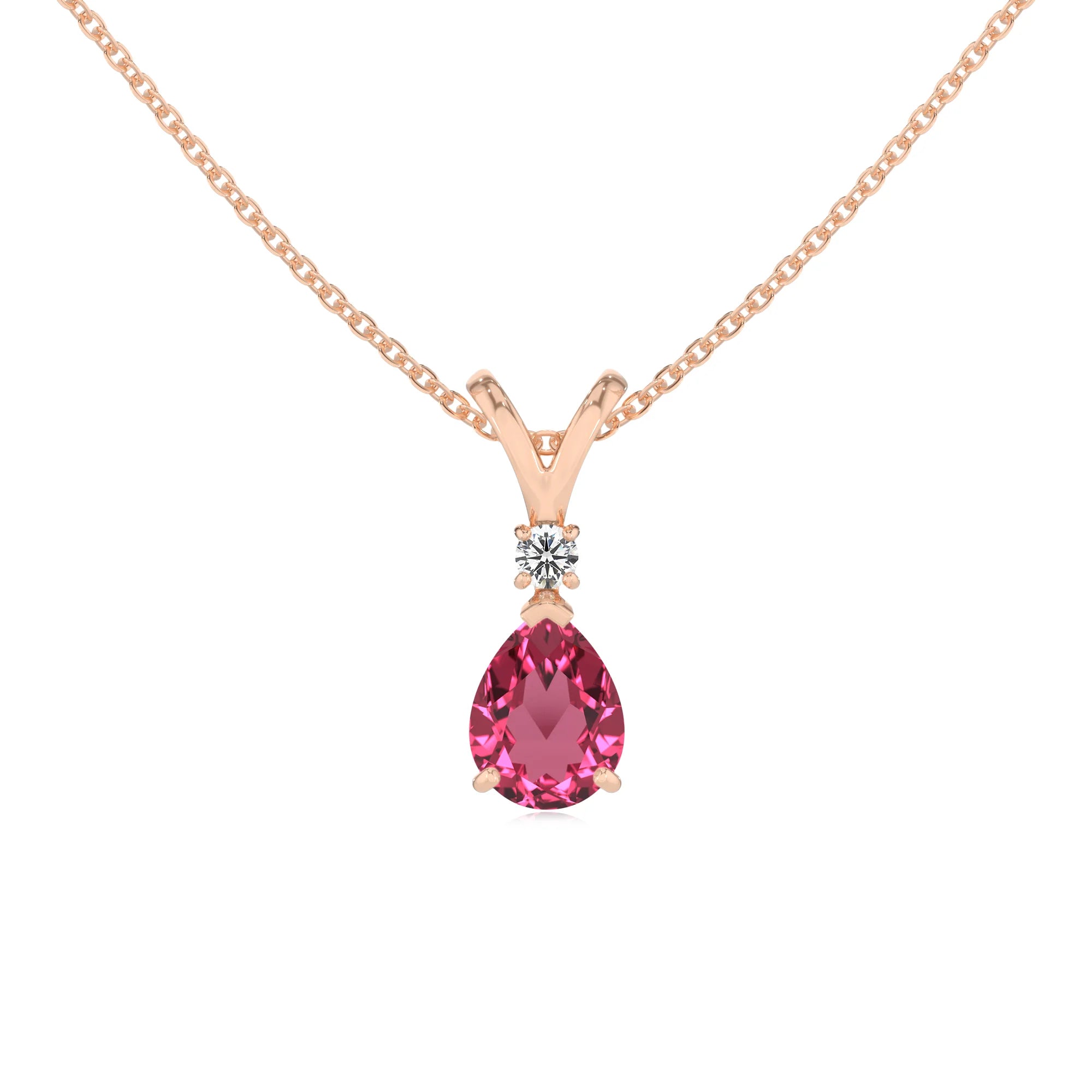 lab grown pink-tourmaline pear solitaire v-bale necklaces in rose gold 