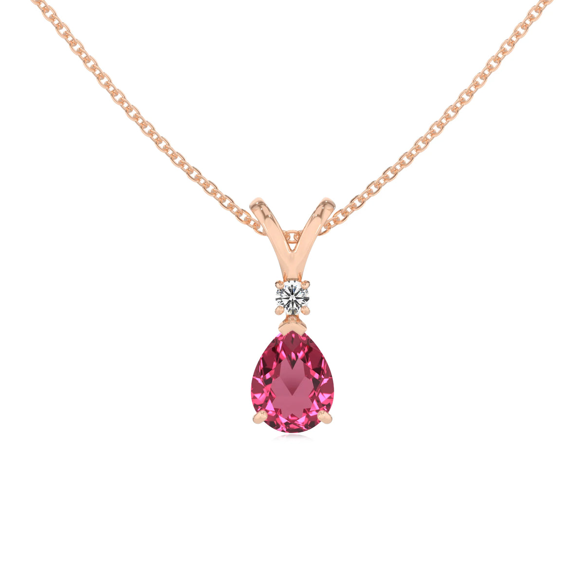 lab grown pink-tourmaline pear solitaire v-bale necklaces in rose gold 