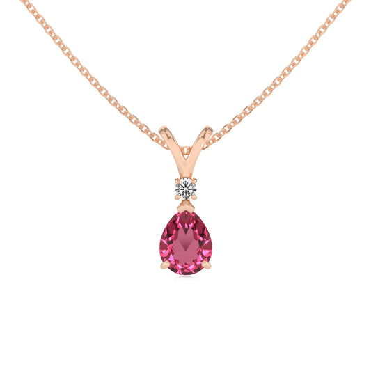 lab grown pink-tourmaline pear solitaire v-bale necklaces in rose gold 