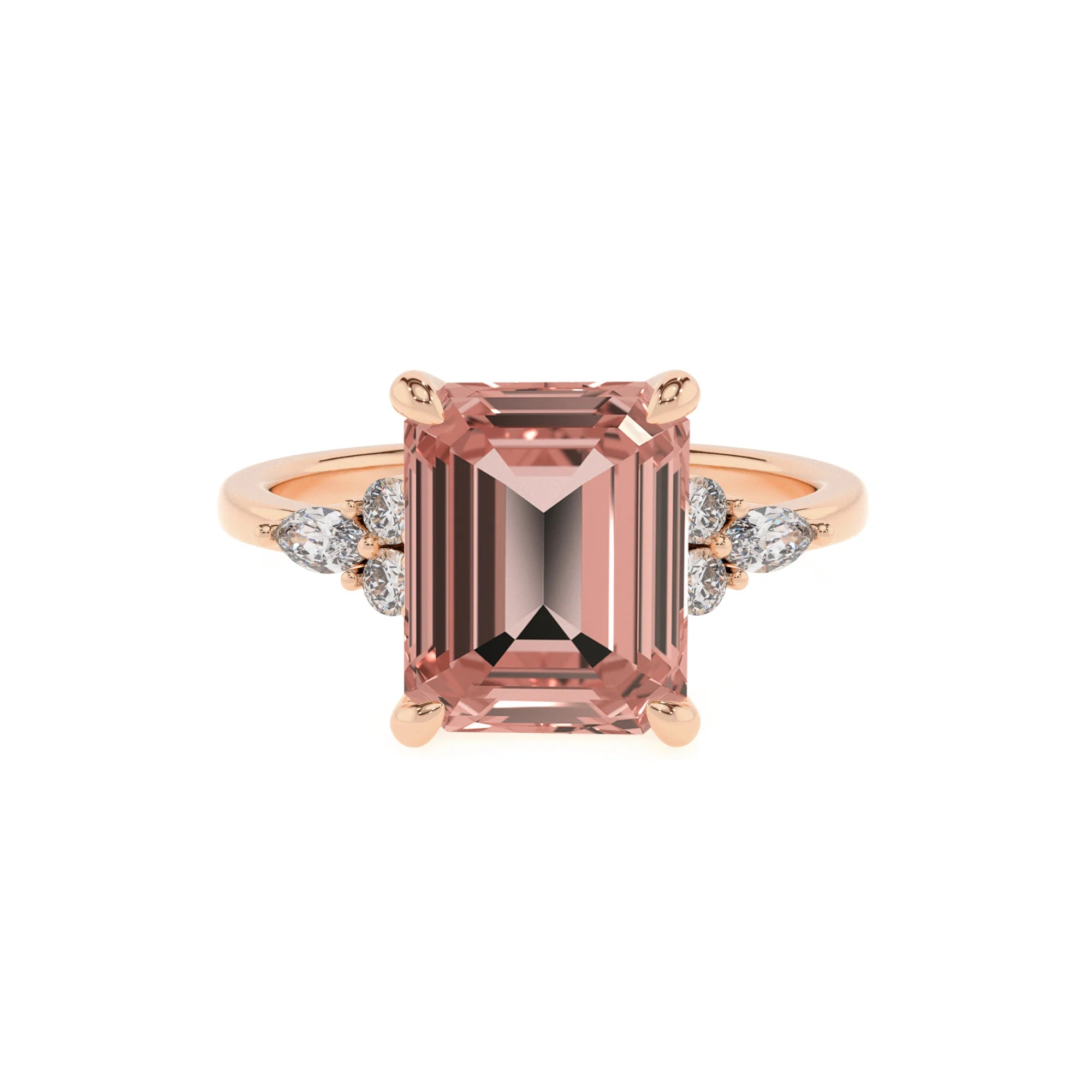 lab grown morganite emerald cut solitaire rings in rose gold 