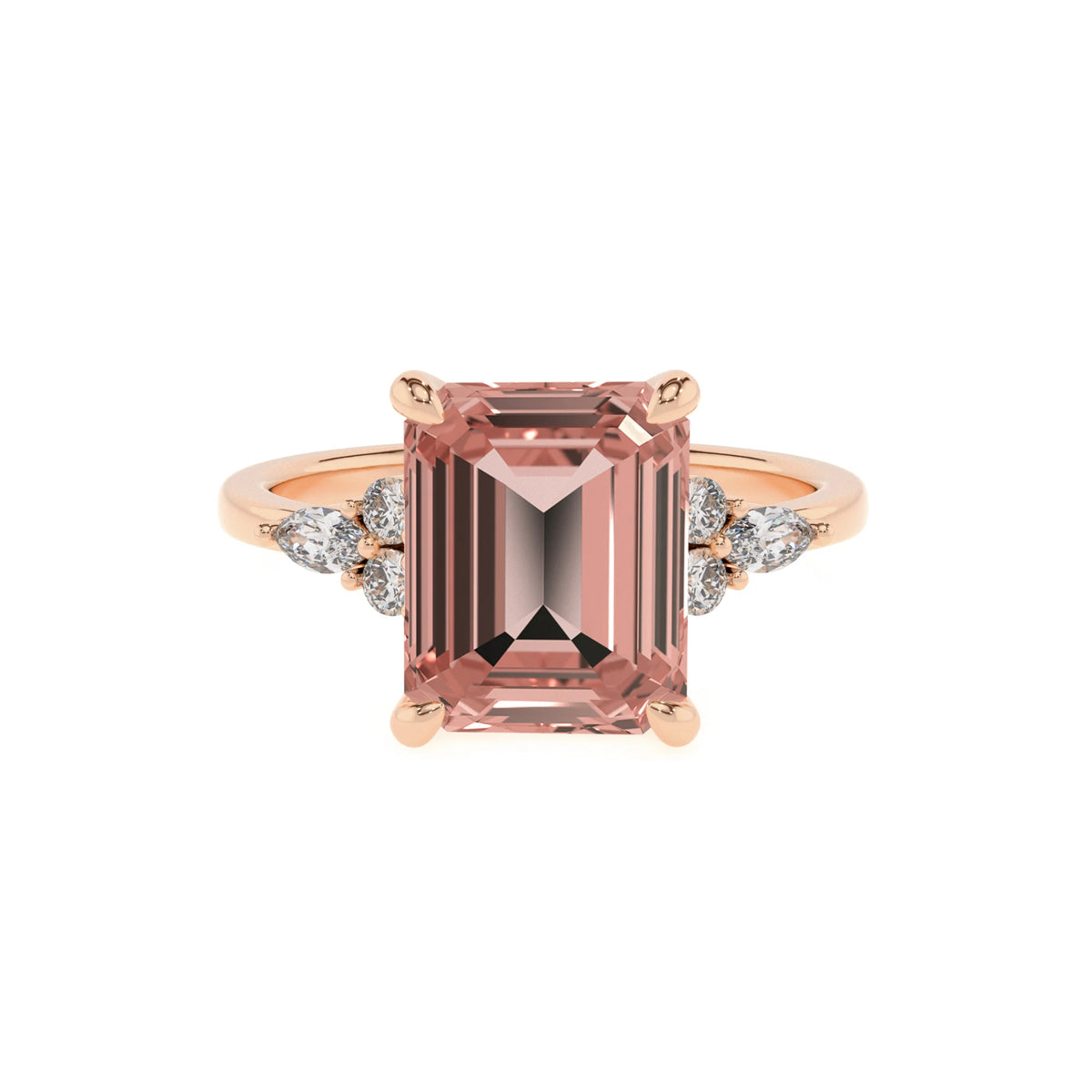 lab grown morganite emerald cut solitaire rings in rose gold 
