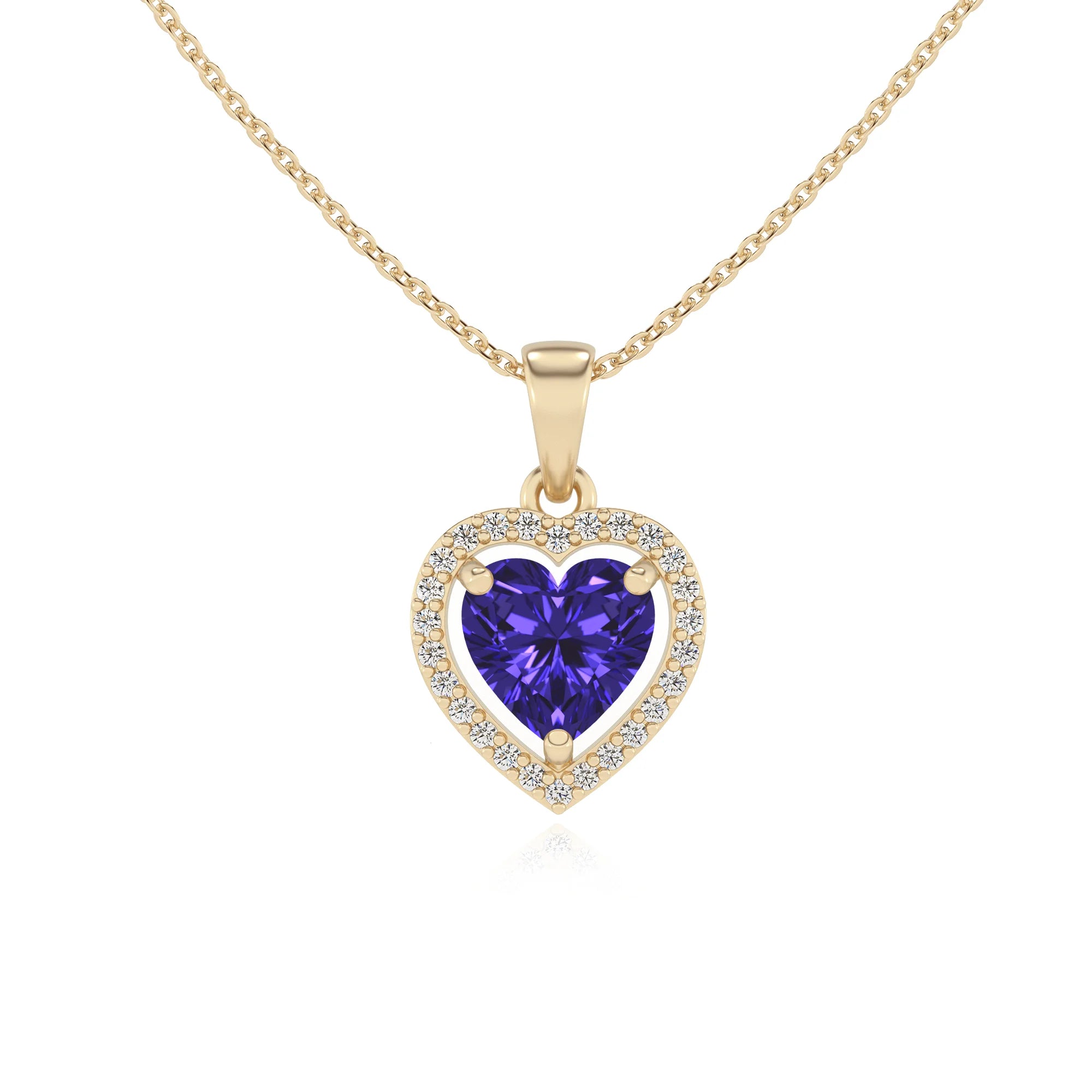 lab grown tanzanite heart solitaire necklaces in yellow gold 