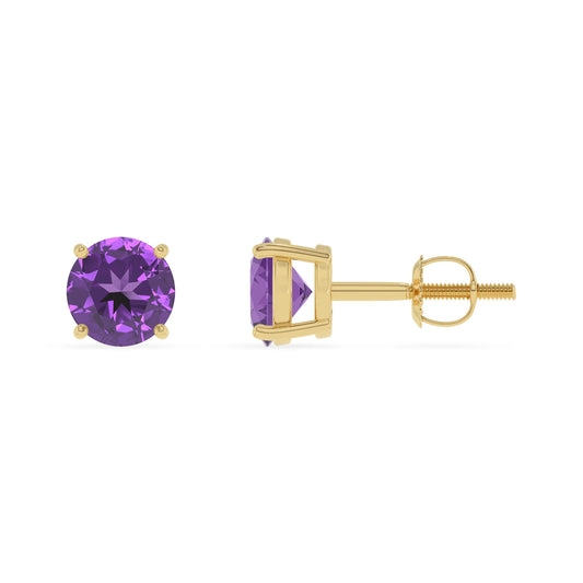 lab grown amethyst round stud earrings in yellow gold 