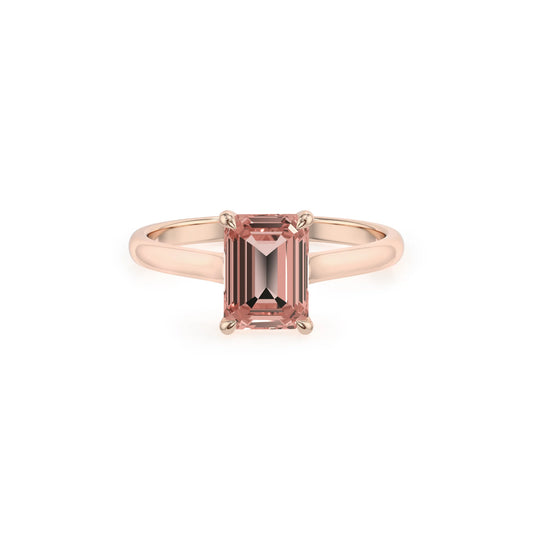 lab grown morganite emerald cut solitaire rings in rose gold 